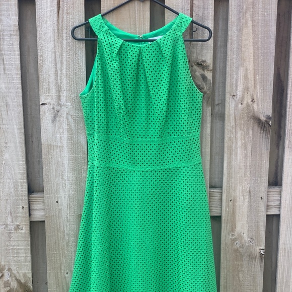 green dress new york and company Stripe Collar Zip Front Stripe Shift Dress - SMALL / GREEN